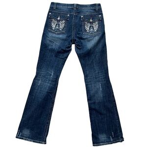 Harley Davidson Women Sz 8T Boot Cut Jeans Embellished Wing Distressed Mid-Rise